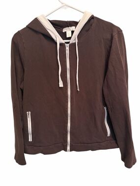 LOFT Brown Hooded Zip-Front Jacket with White Trim. Size XL